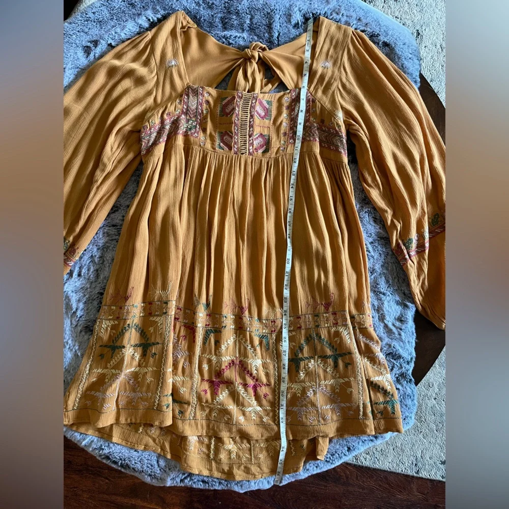 NWT Free People Mustard Yellow Bishop Sleeve Sundress Embroidered Small Mini